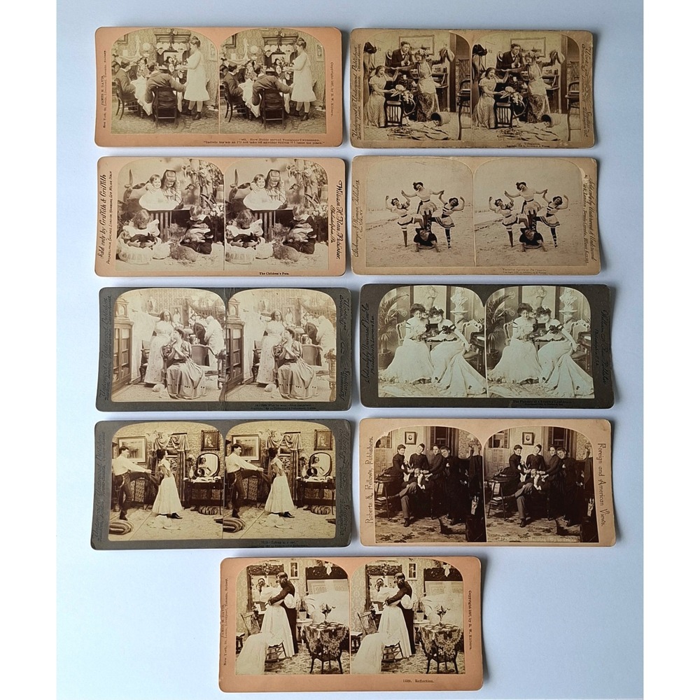 9 Antique 1890s Stereoview Cards Kilburn Underwood Griffith Victorian Humor
